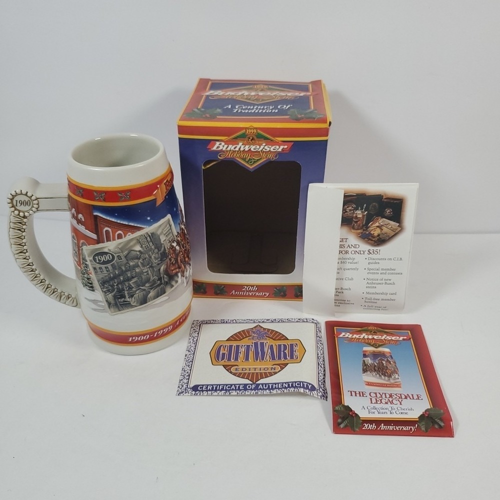 1999 Budweiser 20th Anniversary Holiday Stein A Century of Tradition CS389 w/COA